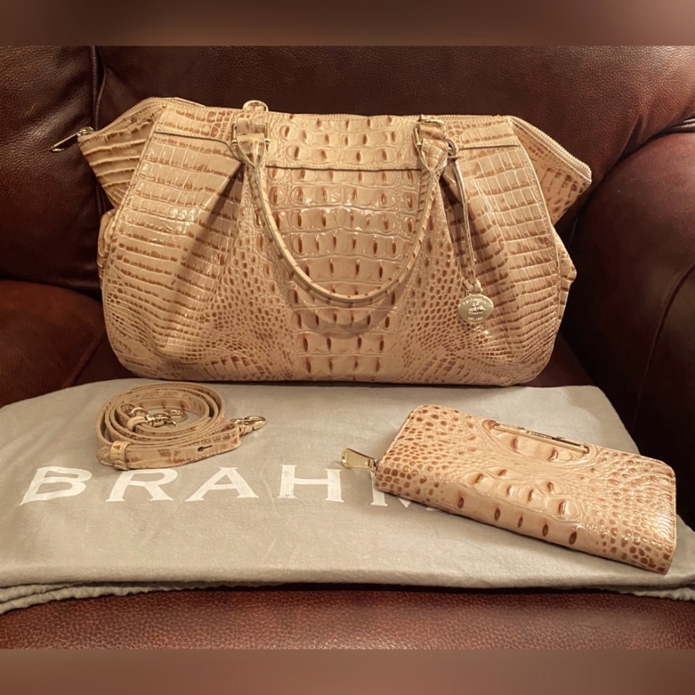NWOT Brahmin Melbourne Arden Satchel Crossbody in Beige and Gold and Ady Wallet